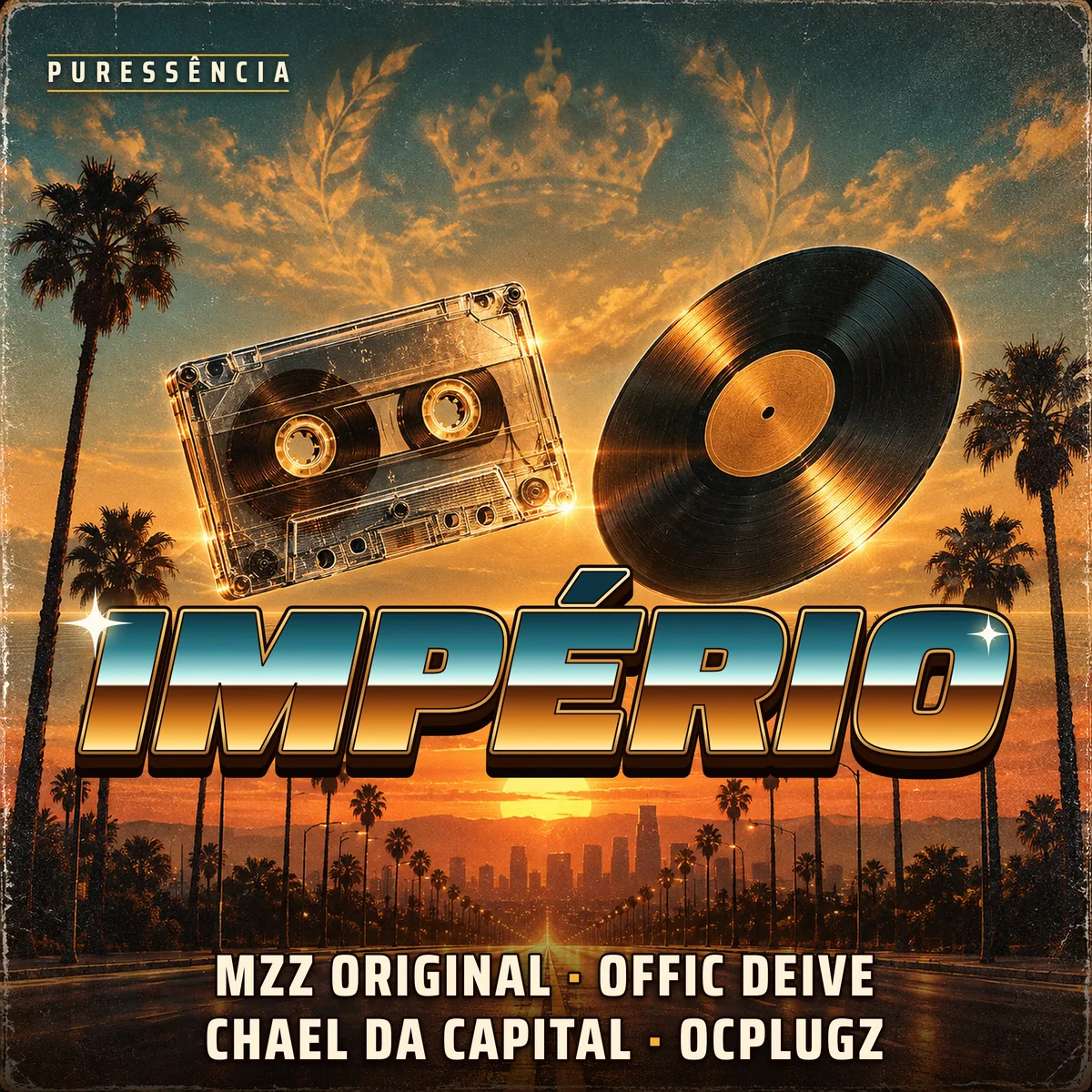Capa oficial de Império (Cruaseca): fita cassete e disco sobre avenida de palmeiras ao pôr do sol, com os nomes dos artistas