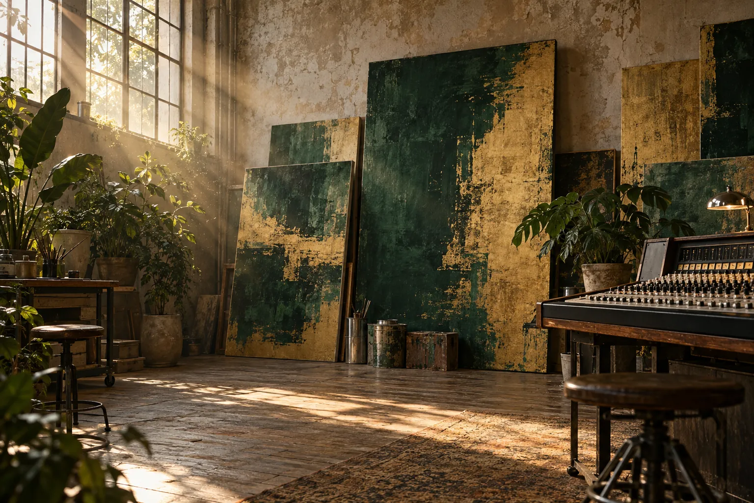 Imagem Puressência: ateliê com telas em verde e ouro, plantas e uma mesa de som, na luz que entra pelas janelas