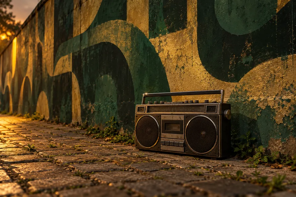 Imagem Puressência: rádio portátil antigo ao pé de um muro pintado em verde e ouro, numa calçada de pedra ao entardecer