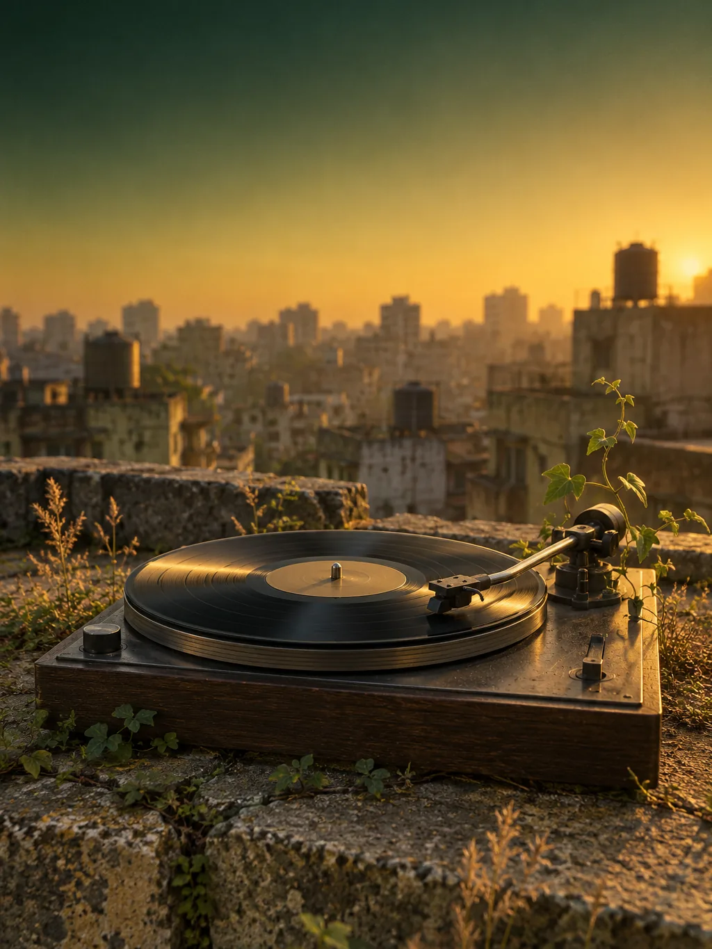 Imagem Puressência: toca-discos antigo com um vinil sobre a laje de um prédio, com plantas nas frestas e a cidade ao pôr do sol