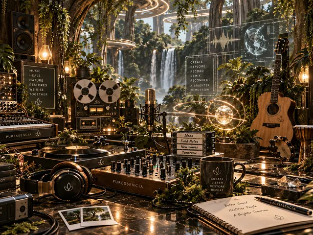 Imagem Puressência: mesa de estúdio com gravador de rolo, sintetizadores e toca-discos na floresta