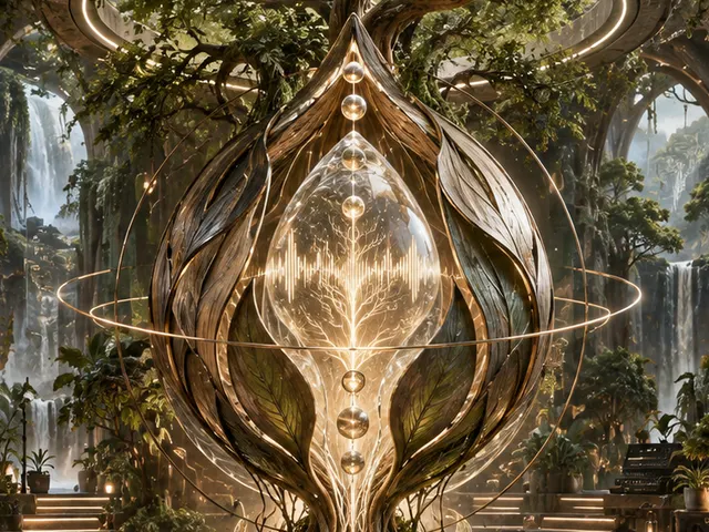 Puressência image: a tree inside a glass seed, in a forest studio