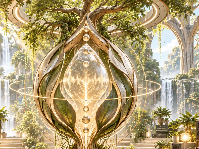 Imagem Puressência: escultura de folhas douradas e vidro à luz do dia, entre cascatas e plantas